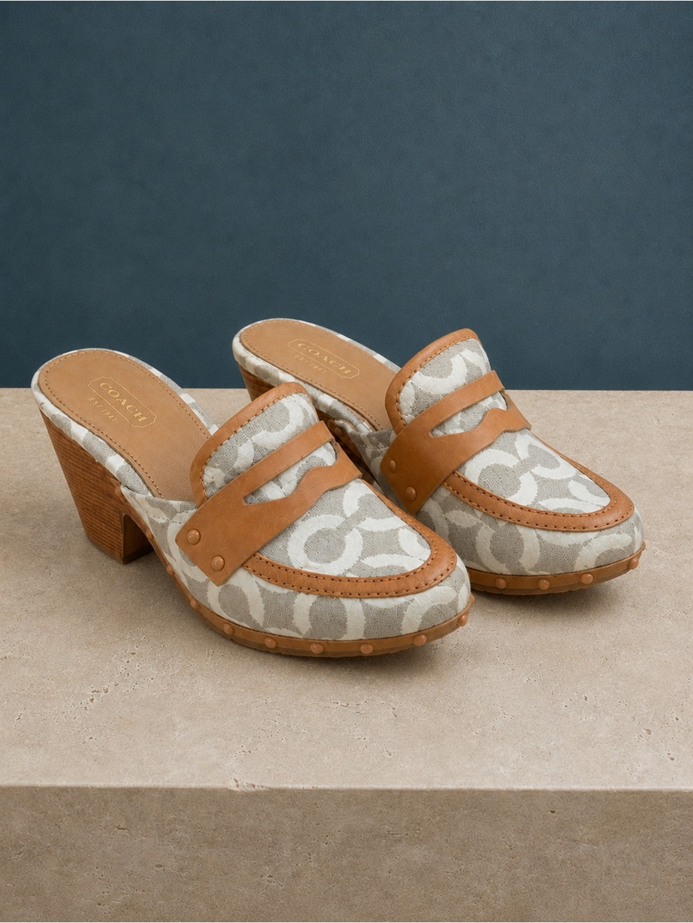 Coach Tan & Cream Signature Canvas Clog Heels Size 6.5